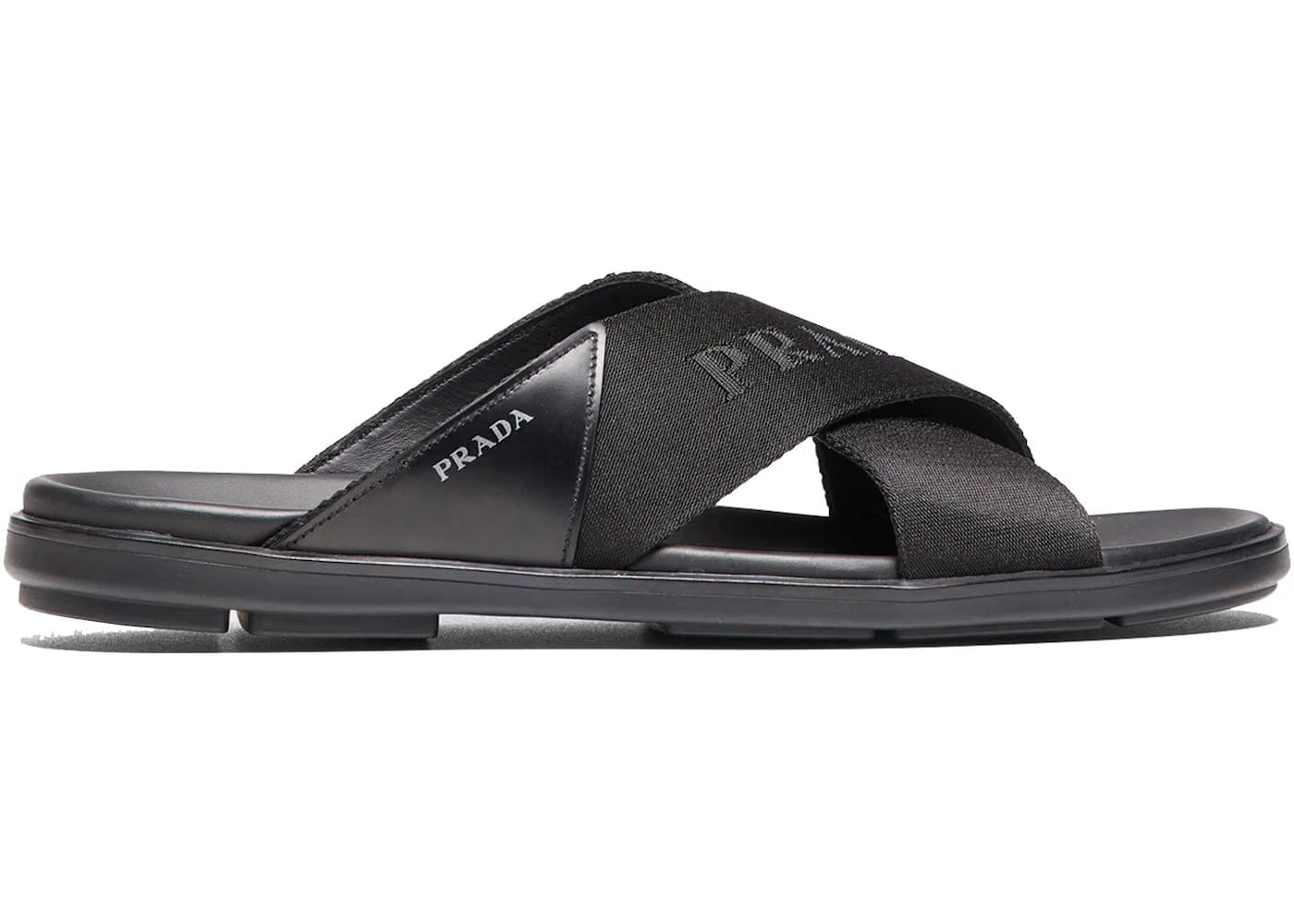 Prada Nylon Tape Crisscross Slides Black Leather Mens