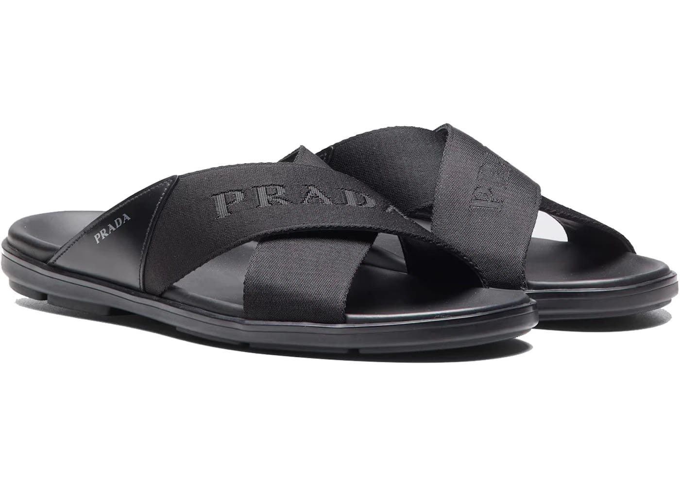 Prada Nylon Tape Crisscross Slides Black Leather Mens
