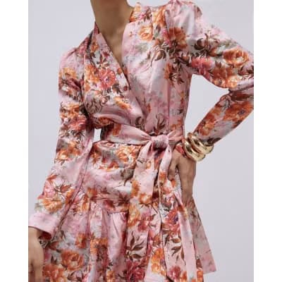 Pink Floral Satin Belted Mini Shirt Dress