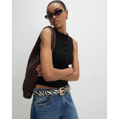 Black Sleeveless Ribbed Popper Top