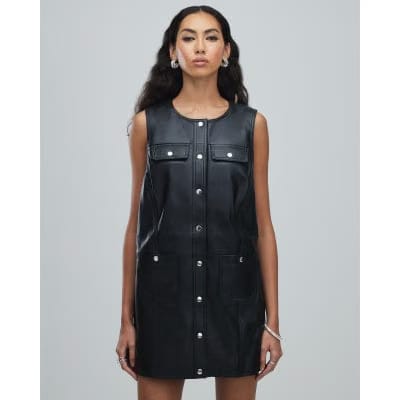 Black Leather Pinafore Mini Dress