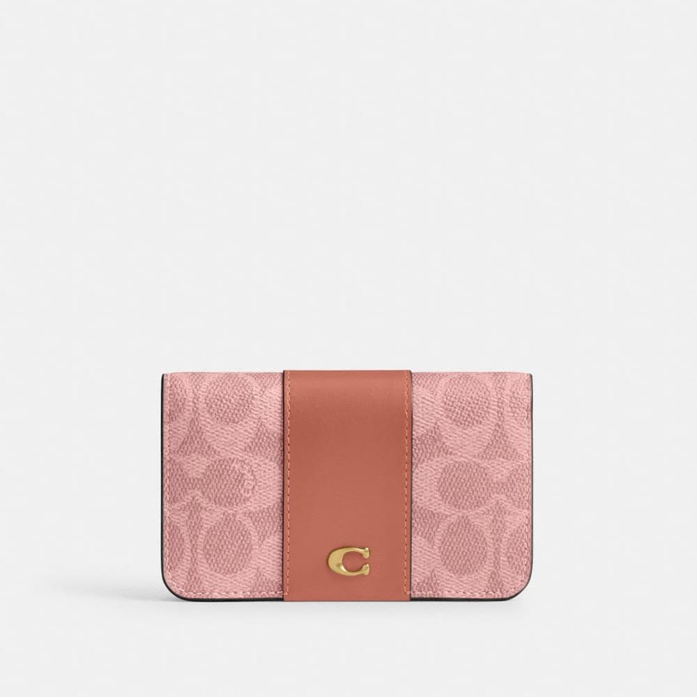 Coach Essential Slim Card Case In Signature Canvas Brass Melon Pink