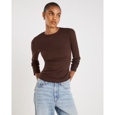 Brown Long Sleeve Ribbed Crew Neck Top