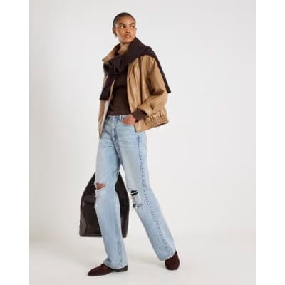 Brown Long Sleeve Ribbed Crew Neck Top