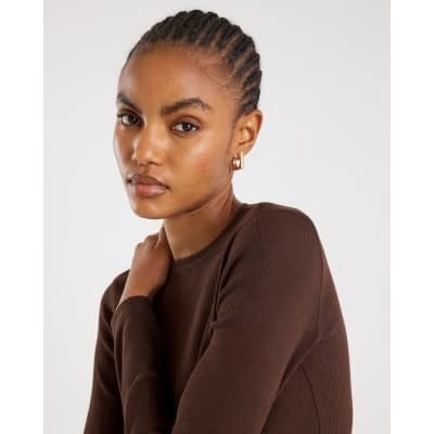Brown Long Sleeve Ribbed Crew Neck Top