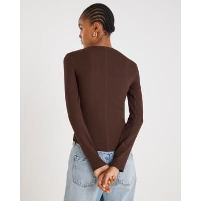 Brown Long Sleeve Ribbed Crew Neck Top