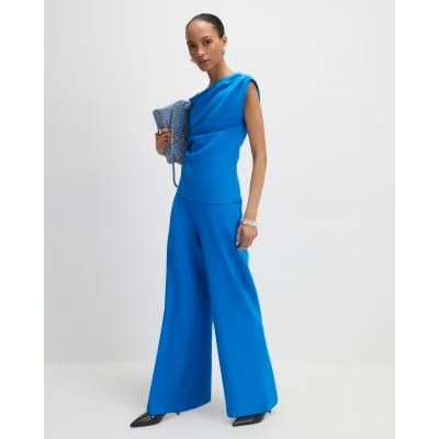 Blue Sleeveless Ponte Drape Top