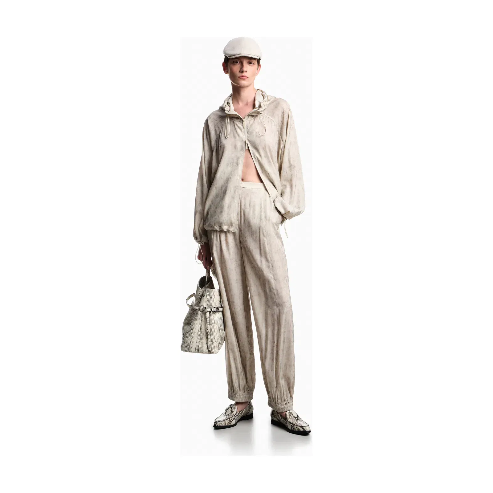 Emporio Armani Hooded blouson in a flowing fabric with a mottled-effect print