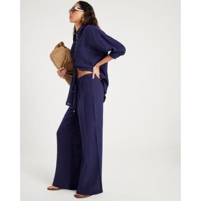 Navy Crinkle Drawstring Wide Leg Trousers