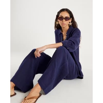 Navy Crinkle Drawstring Wide Leg Trousers