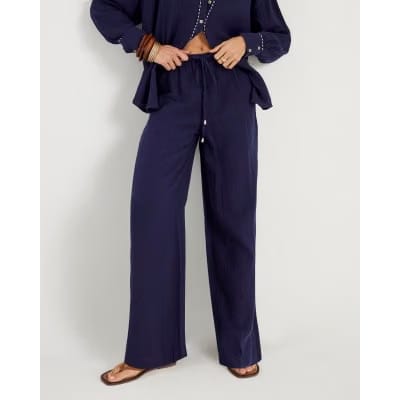 Navy Crinkle Drawstring Wide Leg Trousers