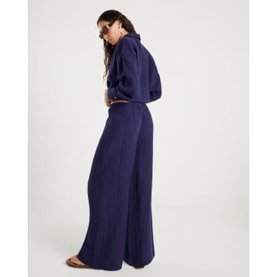 Navy Crinkle Drawstring Wide Leg Trousers