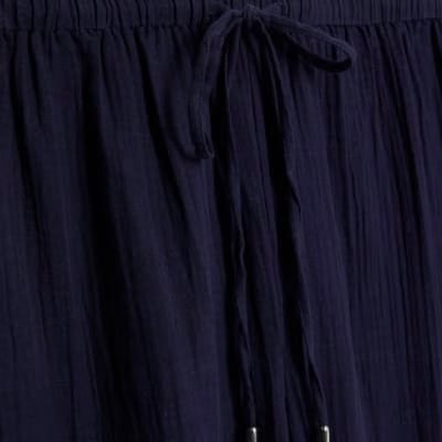 Navy Crinkle Drawstring Wide Leg Trousers