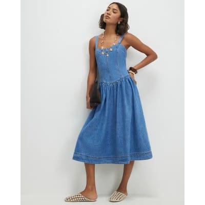 Blue Seamed Midi Denim Swing Dress