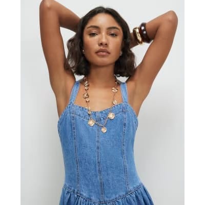 Blue Seamed Midi Denim Swing Dress