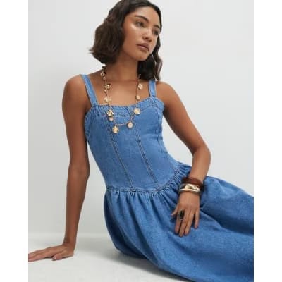 Blue Seamed Midi Denim Swing Dress