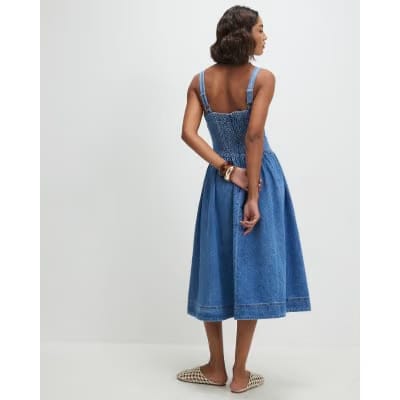 Blue Seamed Midi Denim Swing Dress
