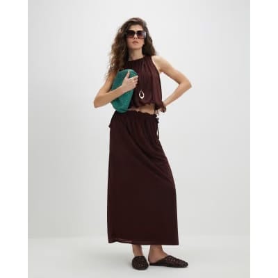 Brown Chiffon Tie Side Maxi Skirt
