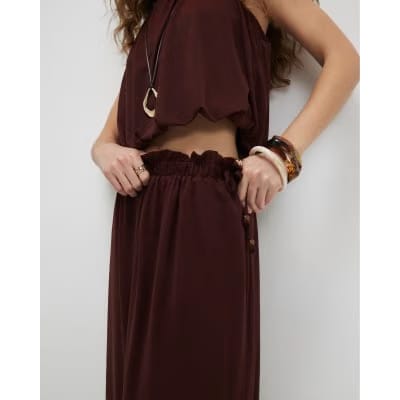 Brown Chiffon Tie Side Maxi Skirt
