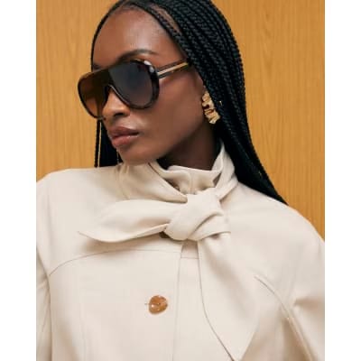 Cream Long Sleeve Herringbone Tie Neck Jacket