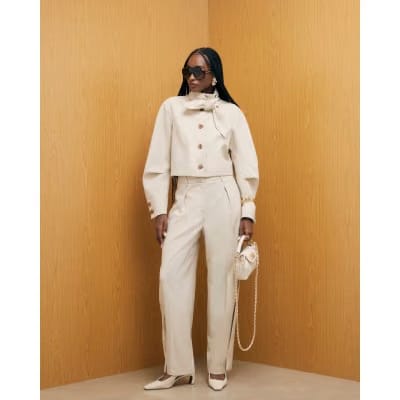Cream Long Sleeve Herringbone Tie Neck Jacket