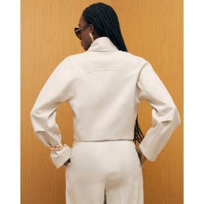 Cream Long Sleeve Herringbone Tie Neck Jacket