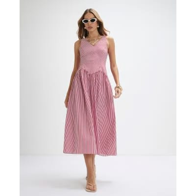Red V Neck Stripe Midi Dress