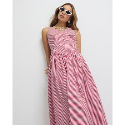 Red V Neck Stripe Midi Dress