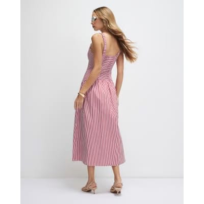Red V Neck Stripe Midi Dress