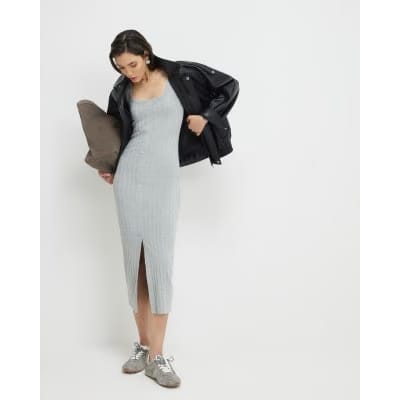 Grey Sleeveless Ribbed Button Midi Dress