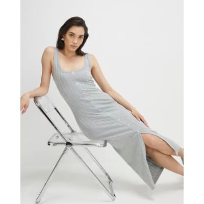 Grey Sleeveless Ribbed Button Midi Dress