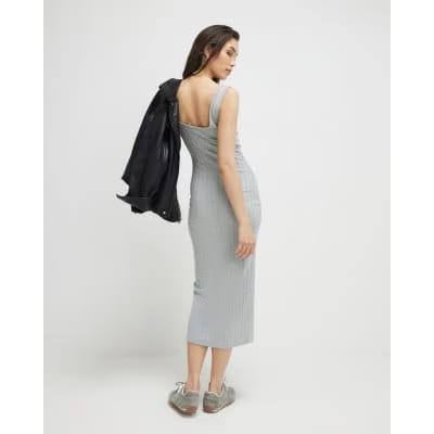 Grey Sleeveless Ribbed Button Midi Dress