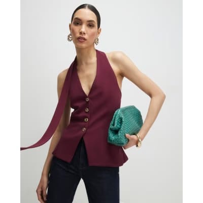 Purple Sleeveless Scarf Neck Waistcoat