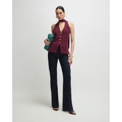 Purple Sleeveless Scarf Neck Waistcoat