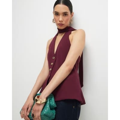Purple Sleeveless Scarf Neck Waistcoat