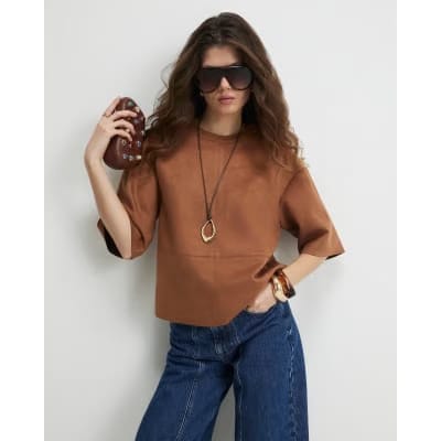 Brown Faux Suede Seam Detail T-Shirt