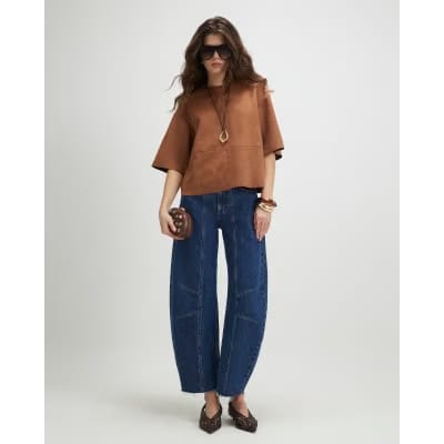 Brown Faux Suede Seam Detail T-Shirt