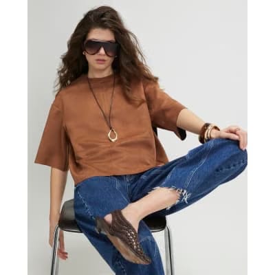 Brown Faux Suede Seam Detail T-Shirt
