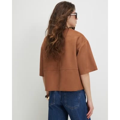 Brown Faux Suede Seam Detail T-Shirt