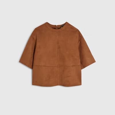 Brown Faux Suede Seam Detail T-Shirt