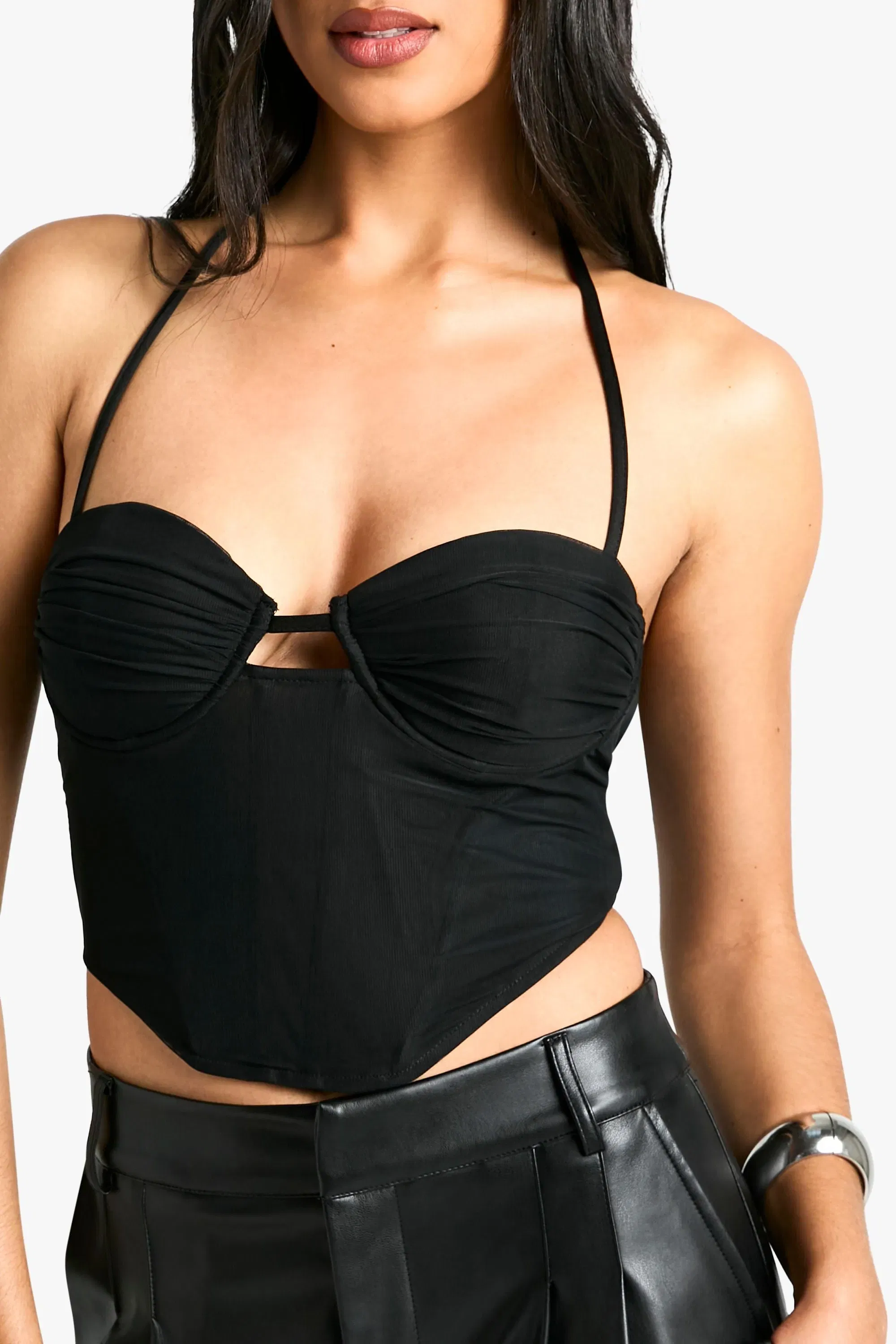 Mesh Ruched Cup Halterneck Corset