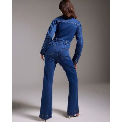 Blue Stretch Denim Straight Leg Jumpsuit
