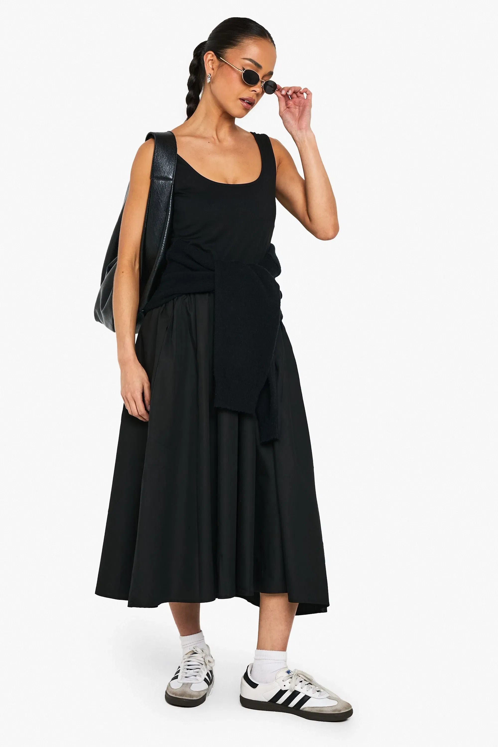Ribbed Scoop Neck Mixed Fabric Smock Midaxi Dress