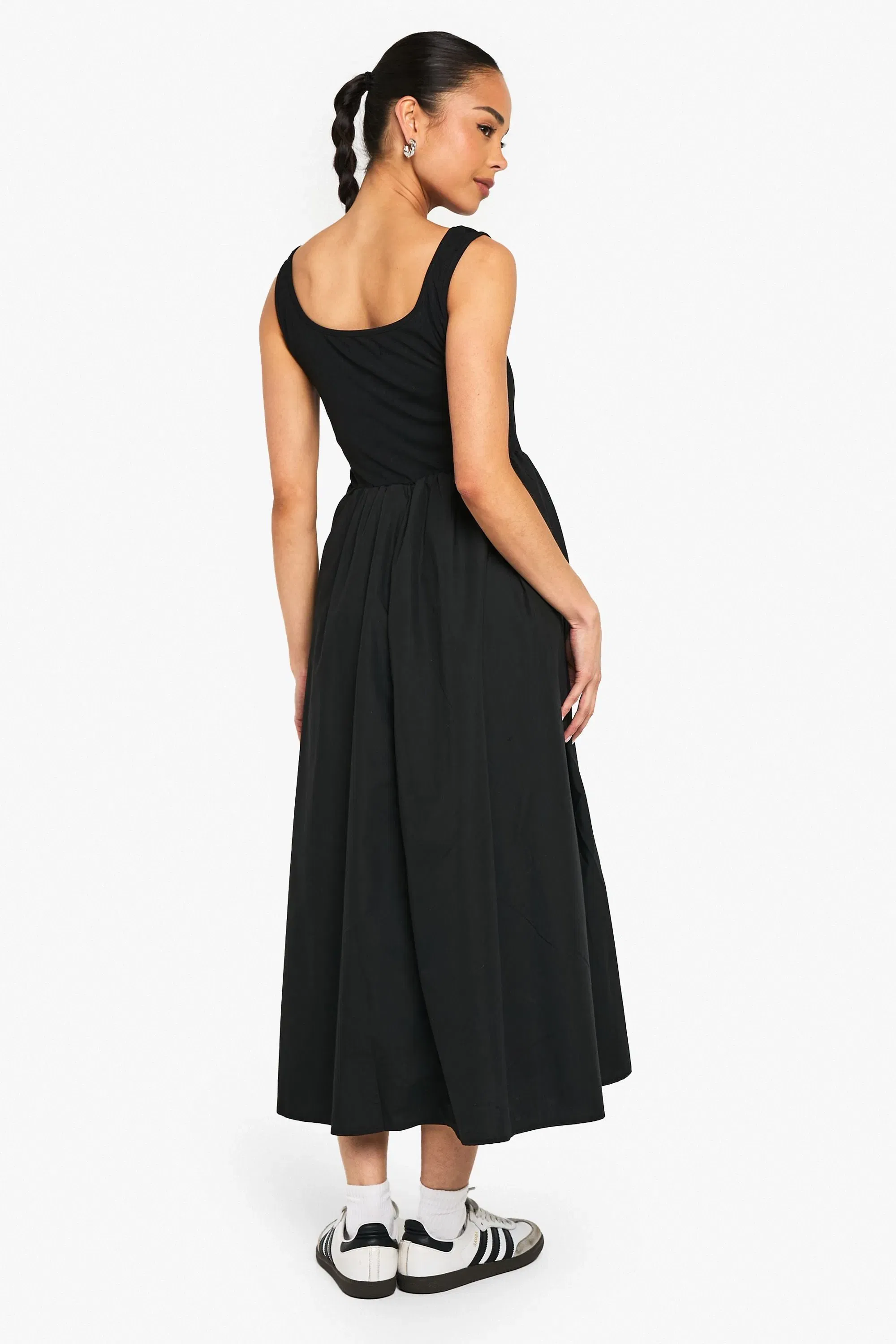 Ribbed Scoop Neck Mixed Fabric Smock Midaxi Dress