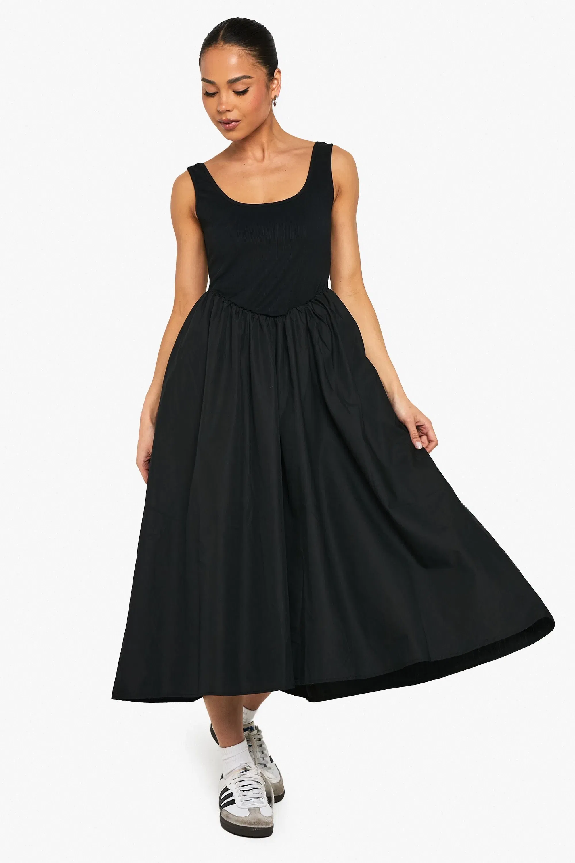 Ribbed Scoop Neck Mixed Fabric Smock Midaxi Dress