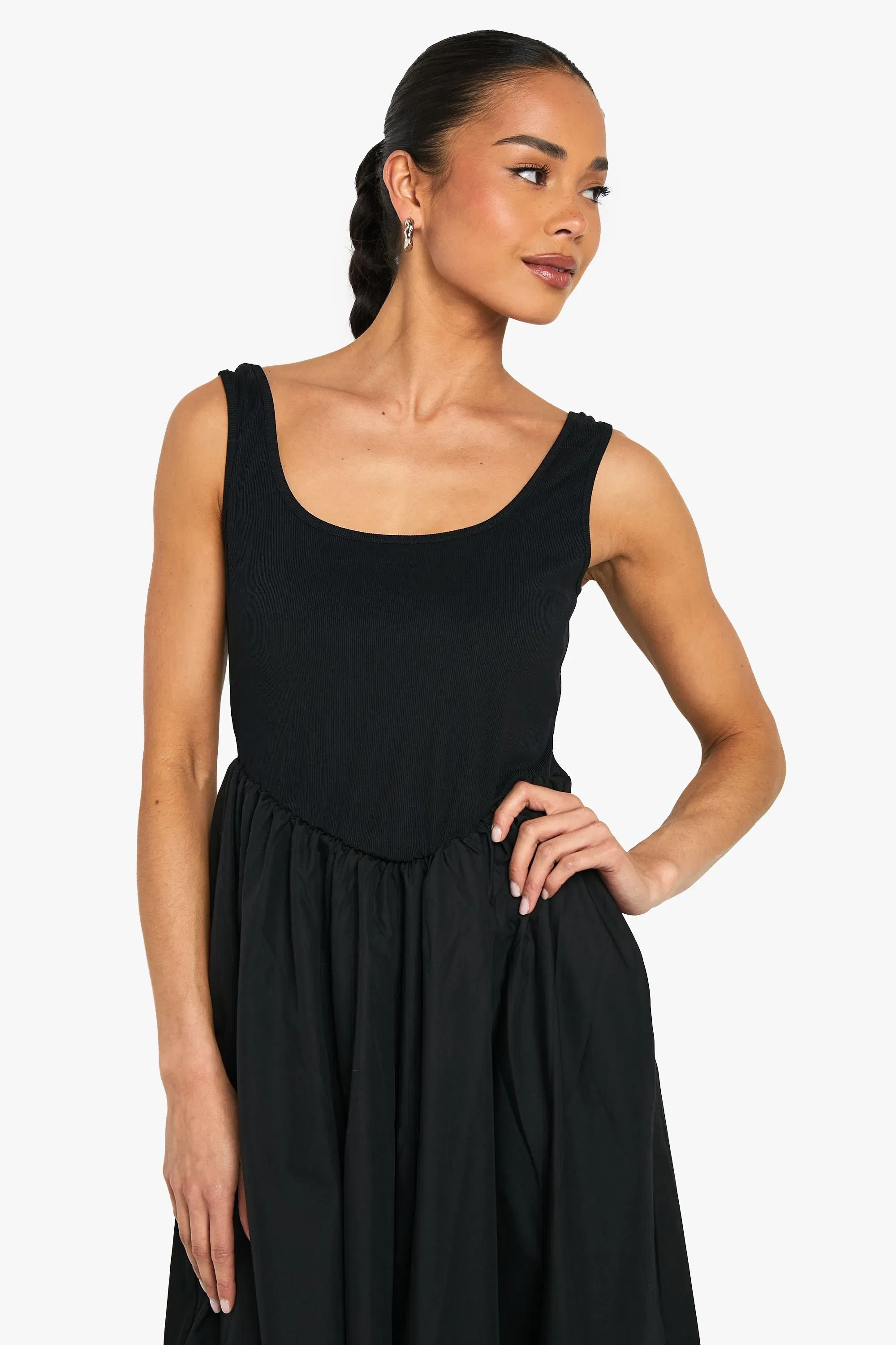 Ribbed Scoop Neck Mixed Fabric Smock Midaxi Dress