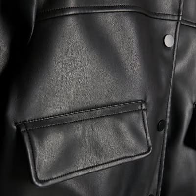 Black Faux Leather Cropped Bomber Jacket
