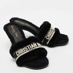 Dior Black Shearling Fur and Embroidered Canvas Dway Slide Sandals