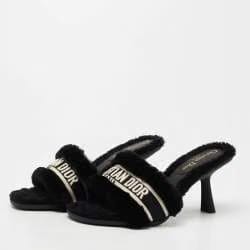 Dior Black Shearling Fur and Embroidered Canvas Dway Slide Sandals