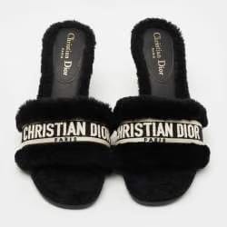 Dior Black Shearling Fur and Embroidered Canvas Dway Slide Sandals